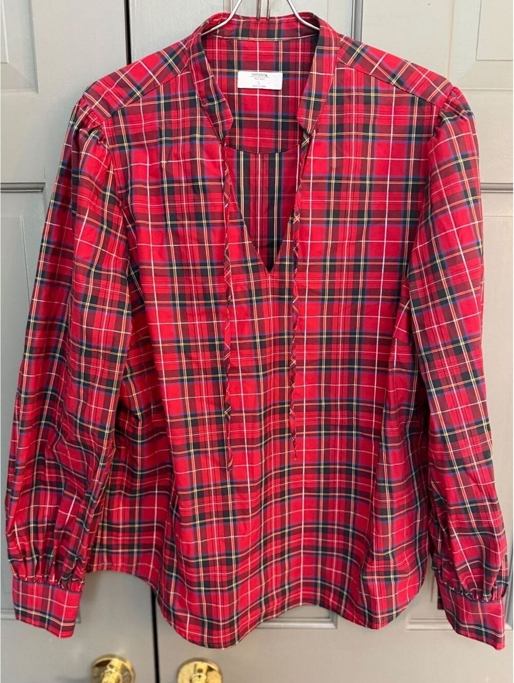 UNTUCKit Women's Joy Shirt Red Stewart Tartan Plaid Popover Blouse Sz L